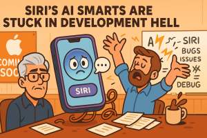 Cartoon-style illustration showing frustrated Apple engineers and a sad Siri character on a smartphone screen, highlighting delays and bugs in Apple's AI assistant development, with a bold headline reading “Siri’s AI Smarts Are Stuck in Development Hell.”