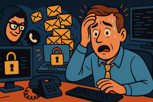 Silhouetted hacker at a keyboard with fake IT call and email alert graphics on screen