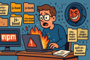 A terminal window with red warning text and broken JavaScript icons symbolizing malware in code packages