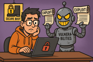 A cartoon-style illustration of a worried programmer sitting at a desk with a laptop that has a red padlock icon. Behind him, a menacing robot labeled "VULNERABILITIES" holds two scrolls marked "EXPLOIT." A yellow "SECURE BOOT" sign with a padlock and boot icon hangs on the wall, symbolizing compromised device security. The background is a textured purple.