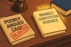 A close-up of a courtroom table with a rejected file labeled “Poorly Argued Case” and a glowing one labeled “Indirect Substitution Evidence” still unopened.