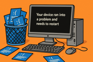 Cartoon-style desktop computer surrounded by blue error screens in the trash, with a sleek black screen displaying a simplified crash message on the monitor.