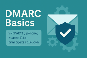 Illustration of email security shield with DMARC record tags and DNS gear symbols, representing domain-based authentication