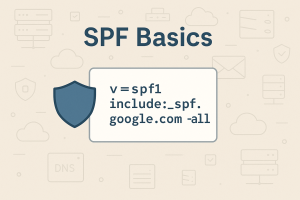 Illustration of SPF DNS record with shield icon and text reading "SPF Basics" on a subtle cloud and server background