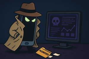 A cartoon-style smartphone with glowing eyes hidden under a trench coat, sneaking data into a dark web dashboard while a folder labeled “Passwords” leaks out onto the ground.