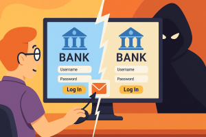 A user clicking an email link, leading to two identical websites—one real, one fake—split like a mirror.