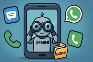 Cartoon-style Android phone surrounded by apps like Messages, WhatsApp, and Phone, while a robot labeled “Gemini” peeks out from inside the screen holding binoculars.
