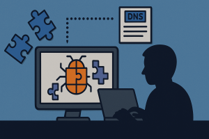 An endpoint computer receiving a DNS response, which reassembles into a malicious script, shown as puzzle pieces forming a bug icon at the user’s terminal.