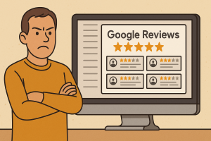 A frustrated business owner staring at a cluttered, ugly “Google Reviews” widget on their website. The reviews are real, but the box looks clunky and out of place. Owner looks annoyed, maybe arms crossed.