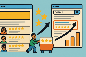 Cartoon-style illustration showing a person pushing a cart of stars from a reviews page to a search results page, with arrows indicating improved rankings and a rising bar chart