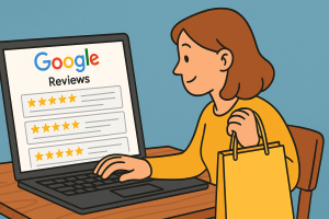 Cartoon-style illustration of a woman holding a yellow shopping bag while browsing Google reviews on her laptop, with multiple five-star ratings visible on the screen.