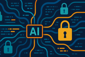 Abstract graphic of AI code streams merging with digital locks, symbolizing AI governance and quantum-safe encryption