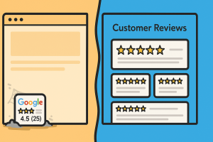Cartoon-style illustration contrasting a dusty, neglected Google reviews badge on a dull website with a vibrant, well-organized review section displaying multiple five-star ratings