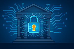 Cartoon-style illustration of a courthouse with digital security lock overlay, representing federal court cybersecurity risks.