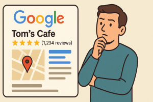 Cartoon illustration of a man viewing a Google Business listing with star ratings and map details for a local cafe on a digital screen