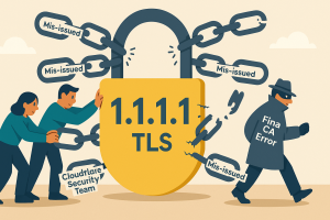 A clean cartoon showing a giant padlock labelled “1.1.1.1 TLS” that has multiple chains broken—each chain marked as one of the mis‑issued certificates. People labeled “Cloudflare Security Team” are trying to secure the lock, while a shady figure labeled “Fina CA Error” walks away.