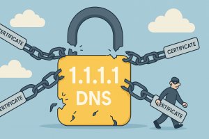 Cartoon-style illustration of a giant padlock labeled “1.1.1.1 DNS” with broken certificate chains, symbolizing compromised trust