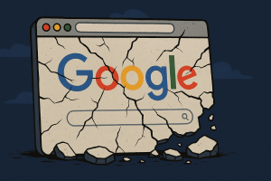 Cartoon-style illustration of a crumbling web browser window with Google’s logo fading, symbolizing the decline of the open web