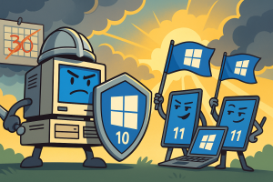 A cartoon-style illustration showing an old desktop PC holding a shield labeled "Windows 10" while standing defiantly. Around it, sleek new laptops and tablets wave flags with the Windows 11 logo. The background hints at a battlefield, symbolizing the ongoing fight for relevance and support in the Windows ecosystem.