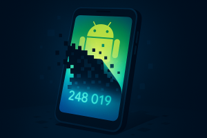 Cartoon-style illustration of an Android smartphone glowing in green and blue tones, with pixel fragments peeling off the screen to reveal a two-factor authentication code, symbolizing the Pixnapping attack stealing visual data.