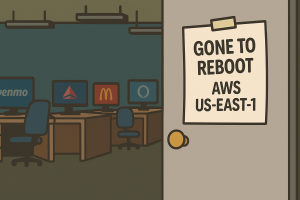 Cartoon-style illustration of a dimly lit office with computer screens showing Venmo, Delta, McDonald’s, and Alexa logos, and a sign on the door reading “Gone to reboot — AWS US-EAST-1,” humorously symbolizing an internet outage.