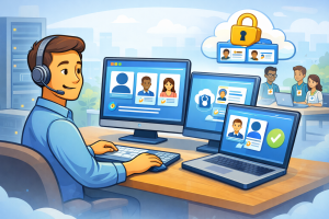 Cartoon illustration of Microsoft SharePoint file sharing changing from email passcodes to Microsoft Entra guest accounts for external access.