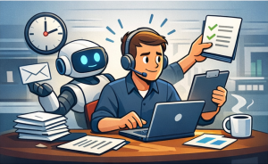 A cartoon office worker at a desk surrounded by multiple screens and notifications while a friendly robot keeps handing them more tasks, showing overload.