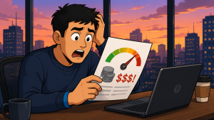 Cartoon-style illustration of a worried office worker sitting at a desk in front of a laptop while reviewing a report that shows rapidly rising costs. The report features a gauge in the red zone and a stack of coins, suggesting escalating expenses. Large windows behind him reveal a city skyline at sunset, while coffee cups and a laptop on the desk reinforce the corporate office setting. The image symbolizes growing concern over the rising cost of AI tools and enterprise technology spending.