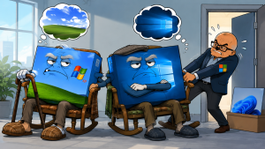 A humorous cartoon comparing Windows XP and Windows 10 as two stubborn old operating systems refusing to retire while Microsoft looks frustrated.