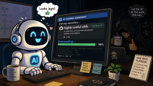 A cartoon AI coding assistant enthusiastically downloading code from a repository with a convincing but fake name while a hooded hacker quietly celebrates in the background.