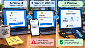 A clean cartoon showing the evolution of Microsoft authentication from password, to password plus SMS code, to a passkey using Windows Hello with fingerprint, face, or PIN authentication.