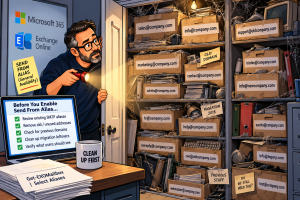 A cartoon IT administrator opening an old Microsoft 365 tenant closet packed with dusty SMTP aliases, abandoned domains, migration leftovers, and forgotten addresses, highlighting why administrators should audit existing aliases before enabling Send From Alias organization-wide.