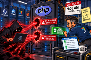 A dramatic but playful cartoon showing a hooded hacker attempting to break into a large PHP-powered web server through 2 glowing security holes, while an IT administrator races to install emergency patches. WordPress, Drupal, and Joomla icons appear on smaller servers in the background.